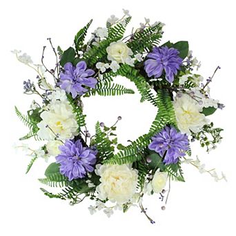 Daisy and Peony Foliage Twig Artificial Floral Wreath Purple 22-Inch