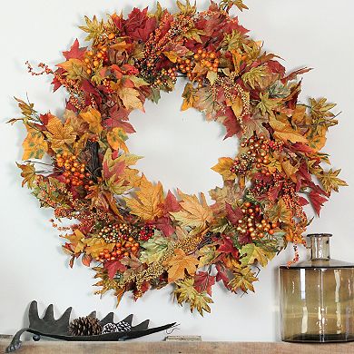 Orange Berries and Leaves Twig Artificial Wreath - 32-Inch Unlit