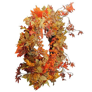 Orange Berries and Leaves Twig Artificial Wreath - 32-Inch Unlit