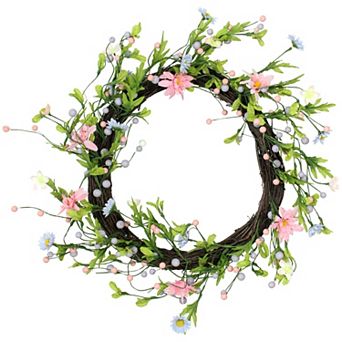 Daisy Twig Artificial Floral Wreath Green and Pink 15-Inch