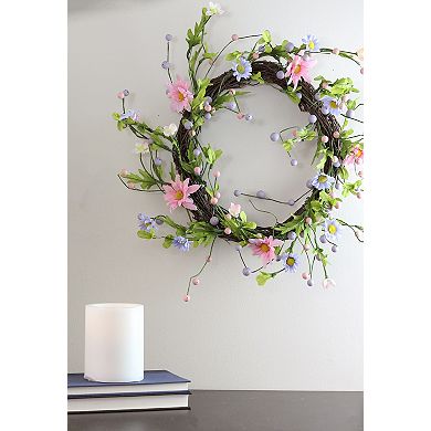 Daisy Twig Artificial Floral Wreath Green and Pink 15-Inch