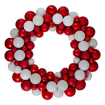 White and Red 3-Finish Shatterproof Ball Christmas Wreath - 24-Inch Unlit