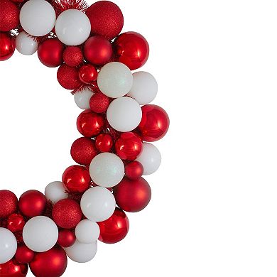 White and Red 3-Finish Shatterproof Ball Christmas Wreath - 24-Inch Unlit