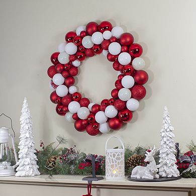 White and Red 3-Finish Shatterproof Ball Christmas Wreath - 24-Inch Unlit