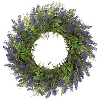 Lavender and Spring Foliage Artificial Floral Wreath Purple - 24-Inch