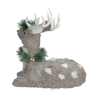 14" Gray Sitting Sisal Reindeer with Wreath Christmas Figure