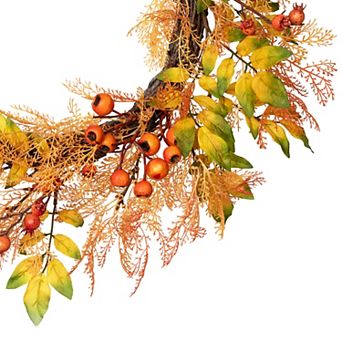 Yellow and Orange Berry and Leaves Fall Harvest Artificial Wreath - 24-Inch Unlit