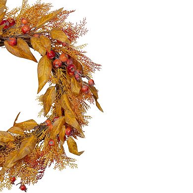 Yellow and Orange Berry and Leaves Fall Harvest Artificial Wreath - 24-Inch Unlit