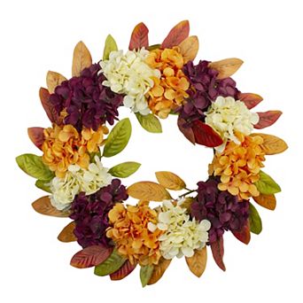 Hydrangeas and Leaves Twig Artificial Floral Wreath Orange 20-Inch