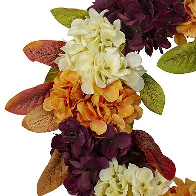 Hydrangeas and Leaves Twig Artificial Floral Wreath Orange 20-Inch