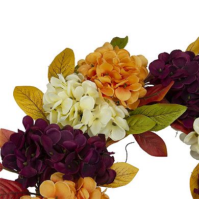Hydrangeas and Leaves Twig Artificial Floral Wreath  Orange 20-Inch