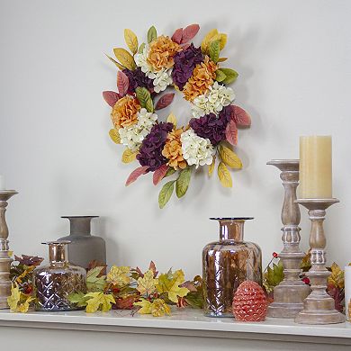 Hydrangeas and Leaves Twig Artificial Floral Wreath Orange 20-Inch