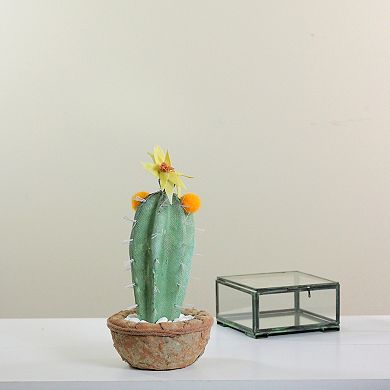 12” Green Potted Southwestern Style Artificial Cactus Plant with Flowers