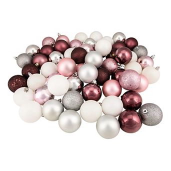 60 ct Pink Silver and White Shatterproof 3-Finish Christmas Ball Ornaments 2.5" (60mm)
