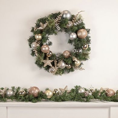 Pine and Ball Green Artificial Christmas Wreath - 24-Inch Unlit
