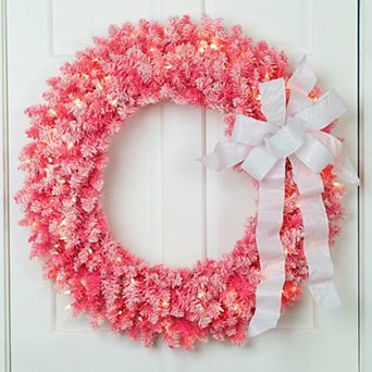 Pre-Lit Flocked Pink Artificial Christmas Wreath - 36 Inch Clear Lights