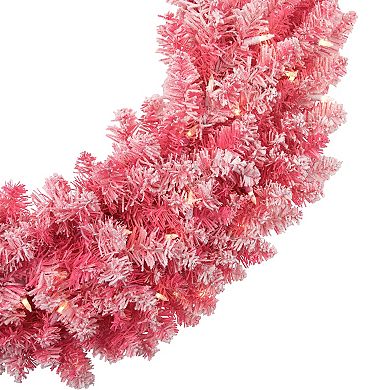 Pre-Lit Flocked Pink Artificial Christmas Wreath - 36 Inch Clear Lights