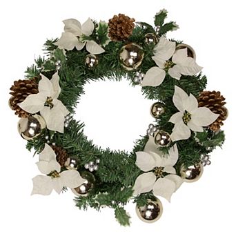 Decorated Cream Colored Poinsettia and Berry Artificial Christmas Wreath 24-Inch Unlit