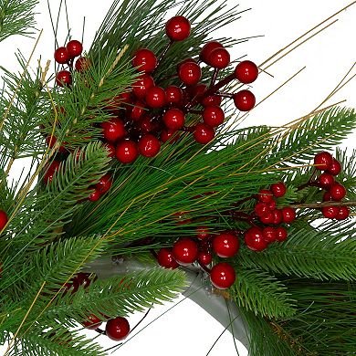 24-Inch Mixed Pine and Red Berry Artificial Christmas Wreath - Unlit