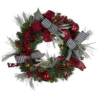 Pre-Lit Decorated Plaid and Houndstooth Artificial Christmas Wreath - 24-Inch Warm White Lights