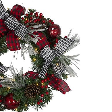 Pre-Lit Decorated Plaid and Houndstooth Artificial Christmas Wreath - 24-Inch Warm White Lights