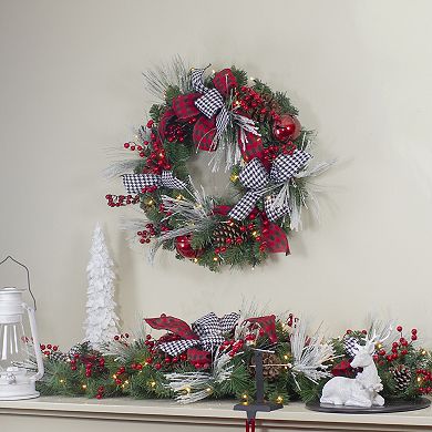 Pre-Lit Decorated Plaid and Houndstooth Artificial Christmas Wreath - 24-Inch Warm White Lights