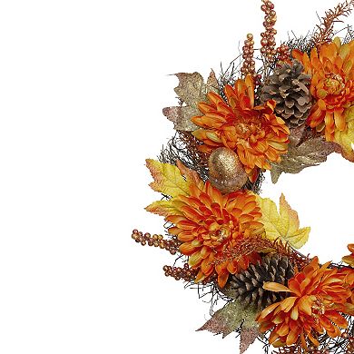 Mums and Acorns Artificial Floral Twig Wreath 22-Inch Unlit