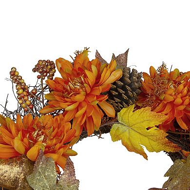 Mums and Acorns Artificial Floral Twig Wreath 22-Inch Unlit