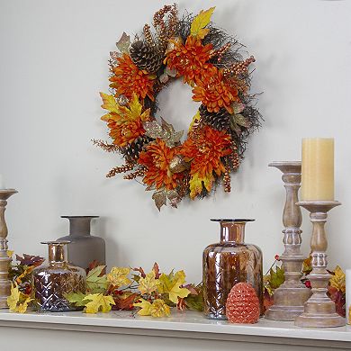 Mums and Acorns Artificial Floral Twig Wreath 22-Inch Unlit