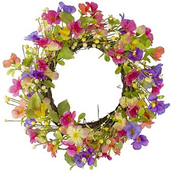 Wild Flowers and Berries Artificial Spring Twig Wreath Pink and Yellow - 20-Inch