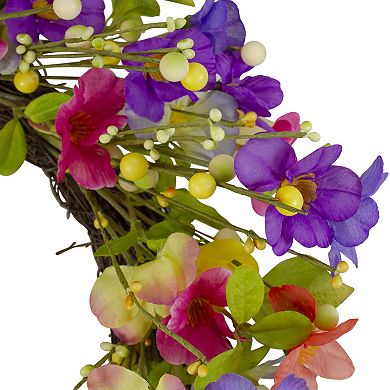 Wild Flowers and Berries Artificial Spring Twig Wreath Pink and Yellow - 20-Inch