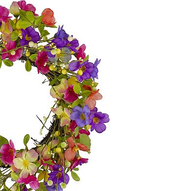 Wild Flowers and Berries Artificial Spring Twig Wreath Pink and Yellow - 20-Inch