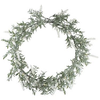 LED Lighted Artificial White Lavender Spring Wreath- 16-inch White Lights