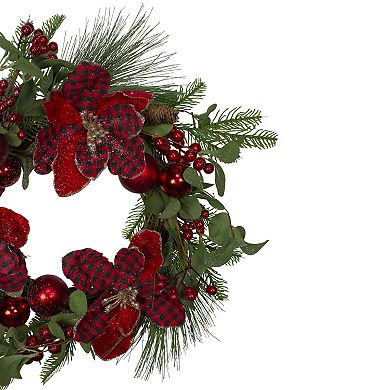 Magnolia and Red Berries Artificial Christmas Wreath - 22-Inch Unlit
