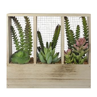 11" Artificial Mixed Succulent Arrangement in a Wooden Planter Box