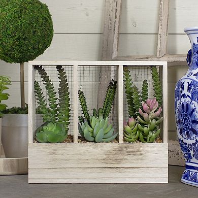 11" Artificial Mixed Succulent Arrangement in a Wooden Planter Box