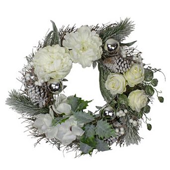 White and Silver Floral Flocked Pine Artificial Grapevine Christmas Wreath - 24-Inch Unlit