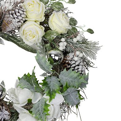 White and Silver Floral Flocked Pine Artificial Grapevine Christmas Wreath - 24-Inch Unlit
