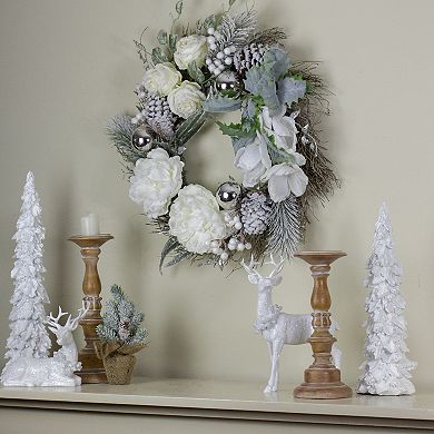 White and Silver Floral Flocked Pine Artificial Grapevine Christmas Wreath - 24-Inch Unlit