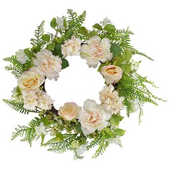 Rose and Peony Fern Artificial Floral Spring Wreath Pink - 24-Inch