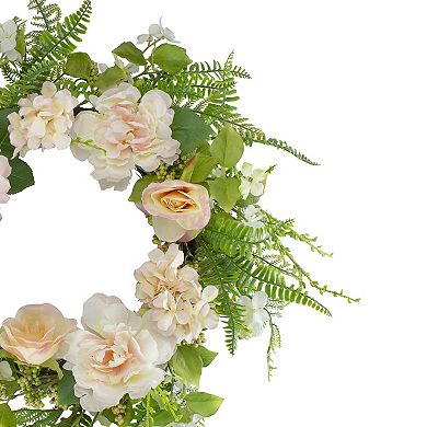 Rose and Peony Fern Artificial Floral Spring Wreath Pink - 24-Inch