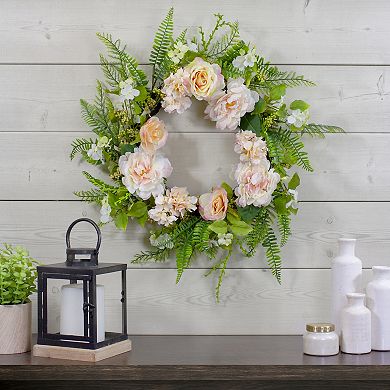 Rose and Peony Fern Artificial Floral Spring Wreath Pink - 24-Inch