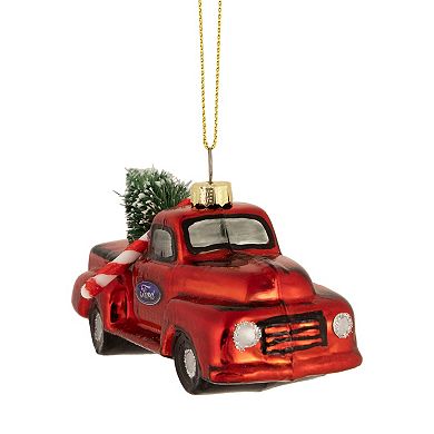4" Red Vintage Ford Truck with Tree Glass Christmas Ornament