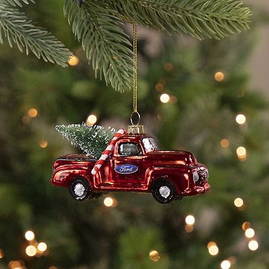 4" Red Vintage Ford Truck with Tree Glass Christmas Ornament