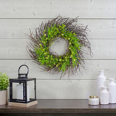 20-Inch Green and Yellow Flower Buds Leaves and Twigs Artificial Floral Wreath