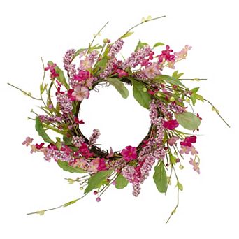 Geranium and Berry Artificial Spring Floral Wreath Pink - 18-Inch