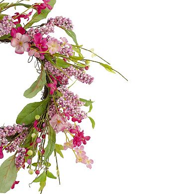 Geranium and Berry Artificial Spring Floral Wreath Pink - 18-Inch