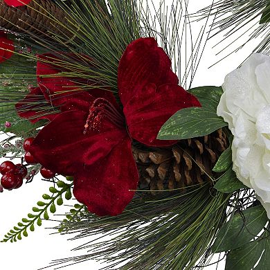 Peony and Amaryllis Twig Artificial Floral Wreath Red 24-Inch