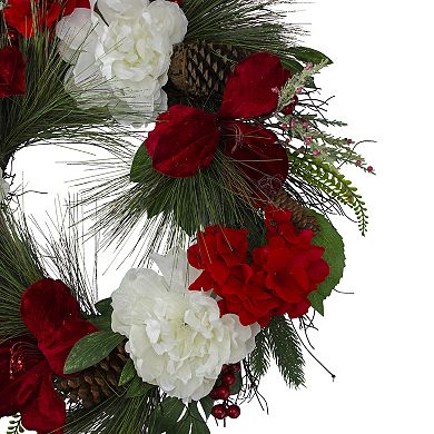 Peony and Amaryllis Twig Artificial Floral Wreath Red 24-Inch