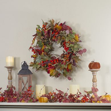 Leaves and Berries Artificial Fall Harvest Wreath - 20-Inch Unlit